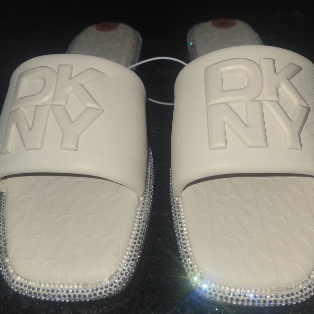 DKNY White Slide Sandals with Embossed Logo and Rhinestone Trim - Picture 2 of 4